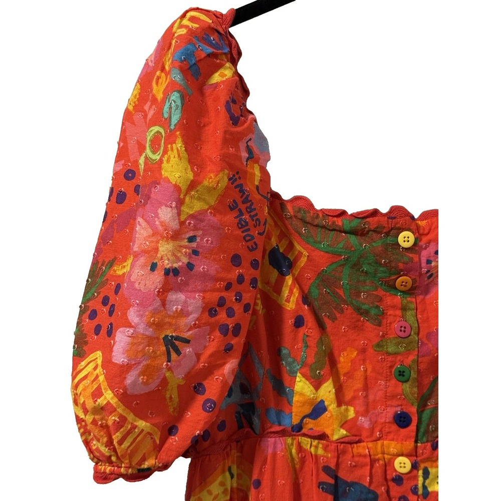 Farm Rio Good Vibes Cotton Midi Dress Puff Sleeve Smocked Tropical Resort Boho L - Picture 8 of 15